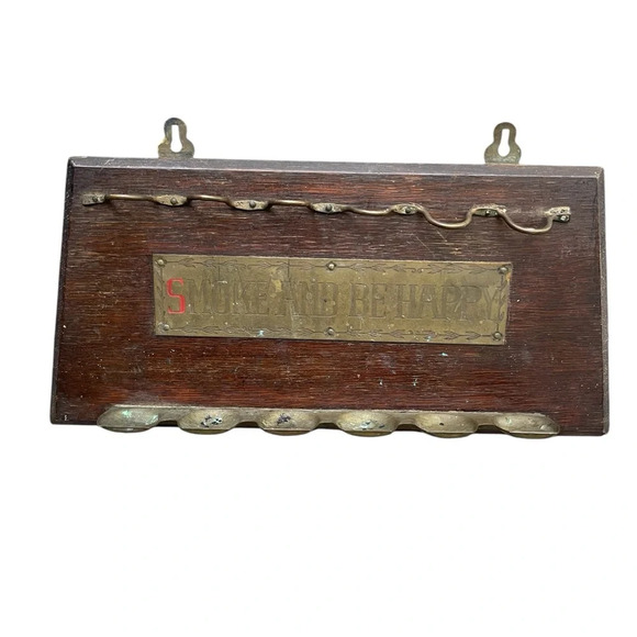 Other - Antique brass and wood pipe rack, wall-mountable, perfect for rustic decor.
